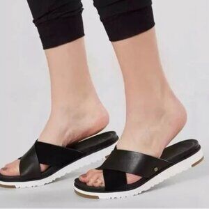 UGG Kari Leather Slide Sandals In Black Size 7.5 Strappy Treadlite Slip On Shoe